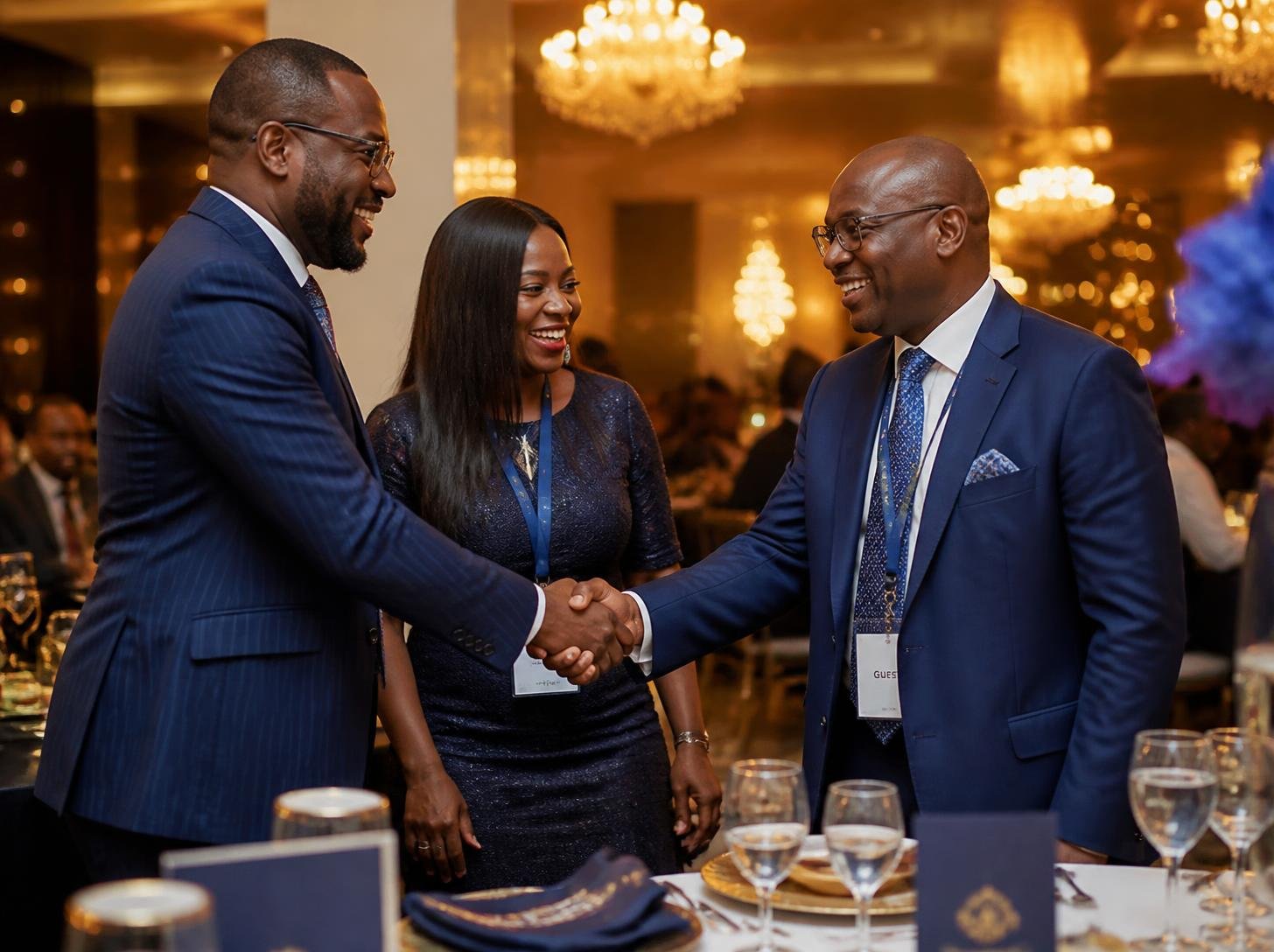 Alumni networking at an elegant dinner
